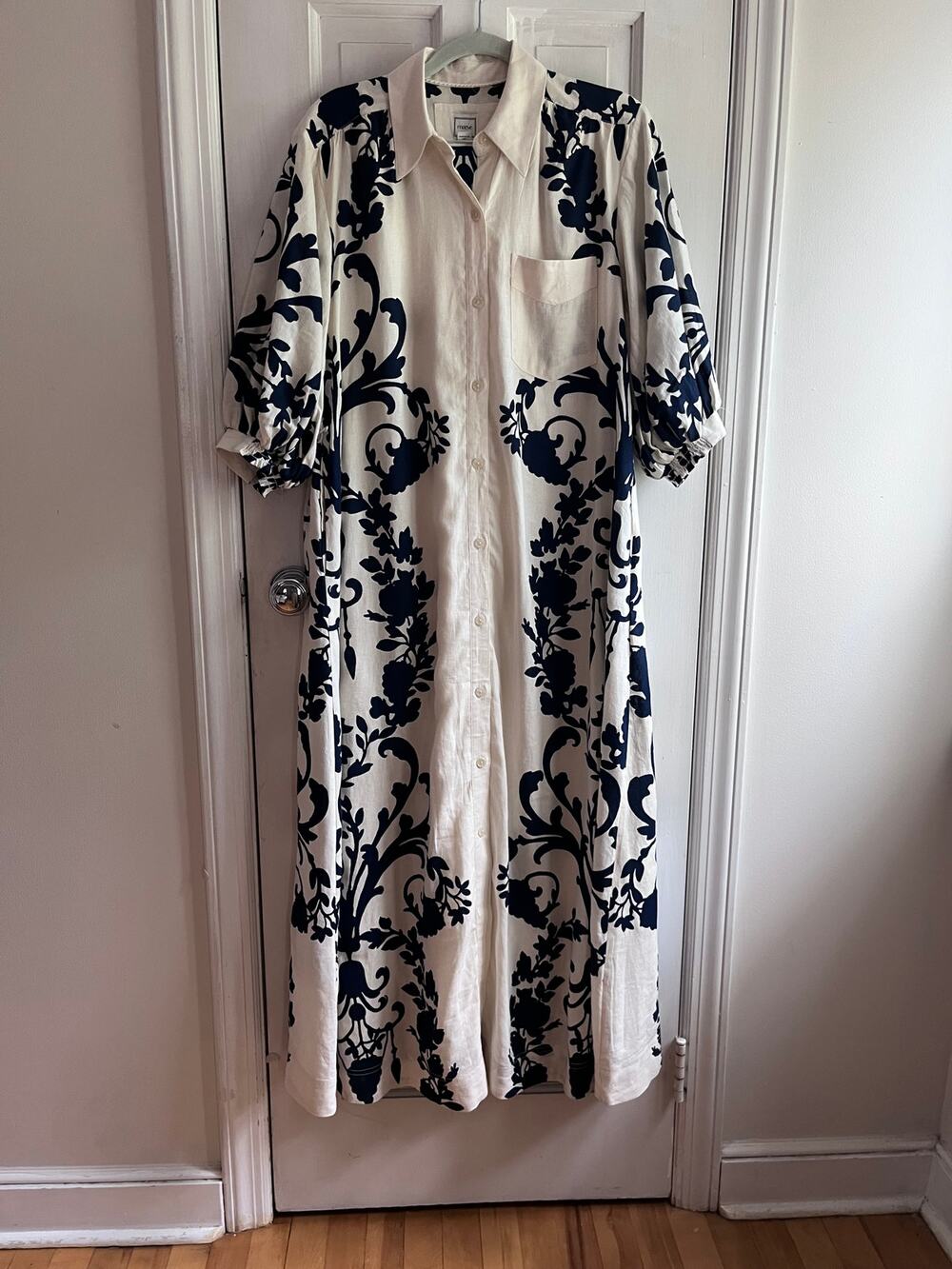 Anthropologie Maeve Mona Linen Maxi Shirtdress Navy Blue Damask Floral XSP $188